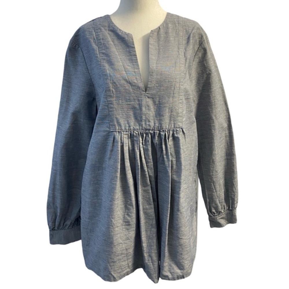 CO Blue White Cotton Linen Long Sleeve Blouse Size L Pit 20.5 Deep V Neck